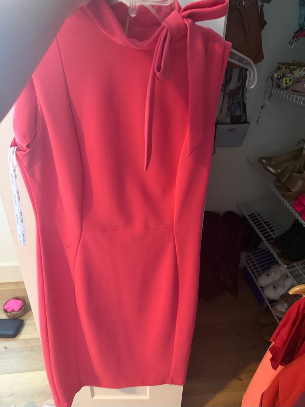 Calvin Klein Coral Pink Tie-Neck Midi Sheath Dress
